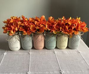 Chalk Painted & Distressed Mason Jar Vases w/faux Flowers Included 6 for $32
