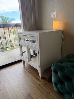 White Mirrored Side Table / Pull-Out Desk — $100