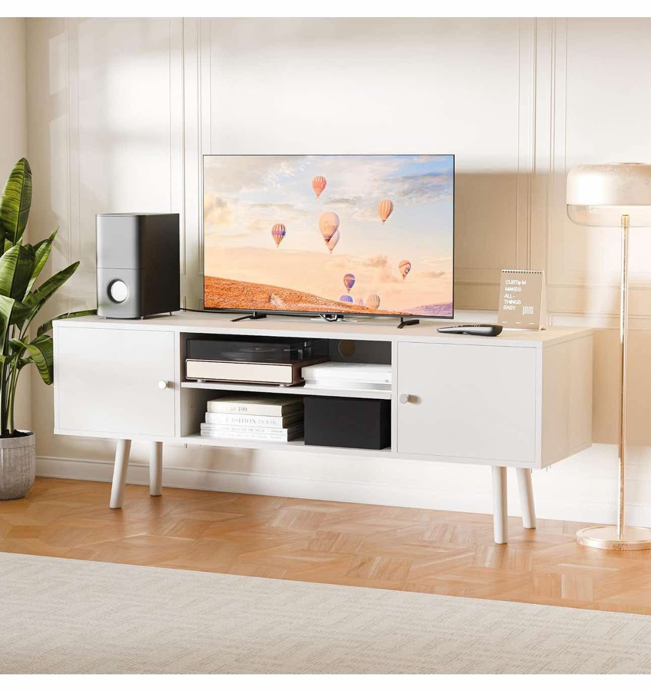 TV Stand for 48''-55''TV, Entertainment Center with 2 Storage Cabinets, Console Table, White F-5