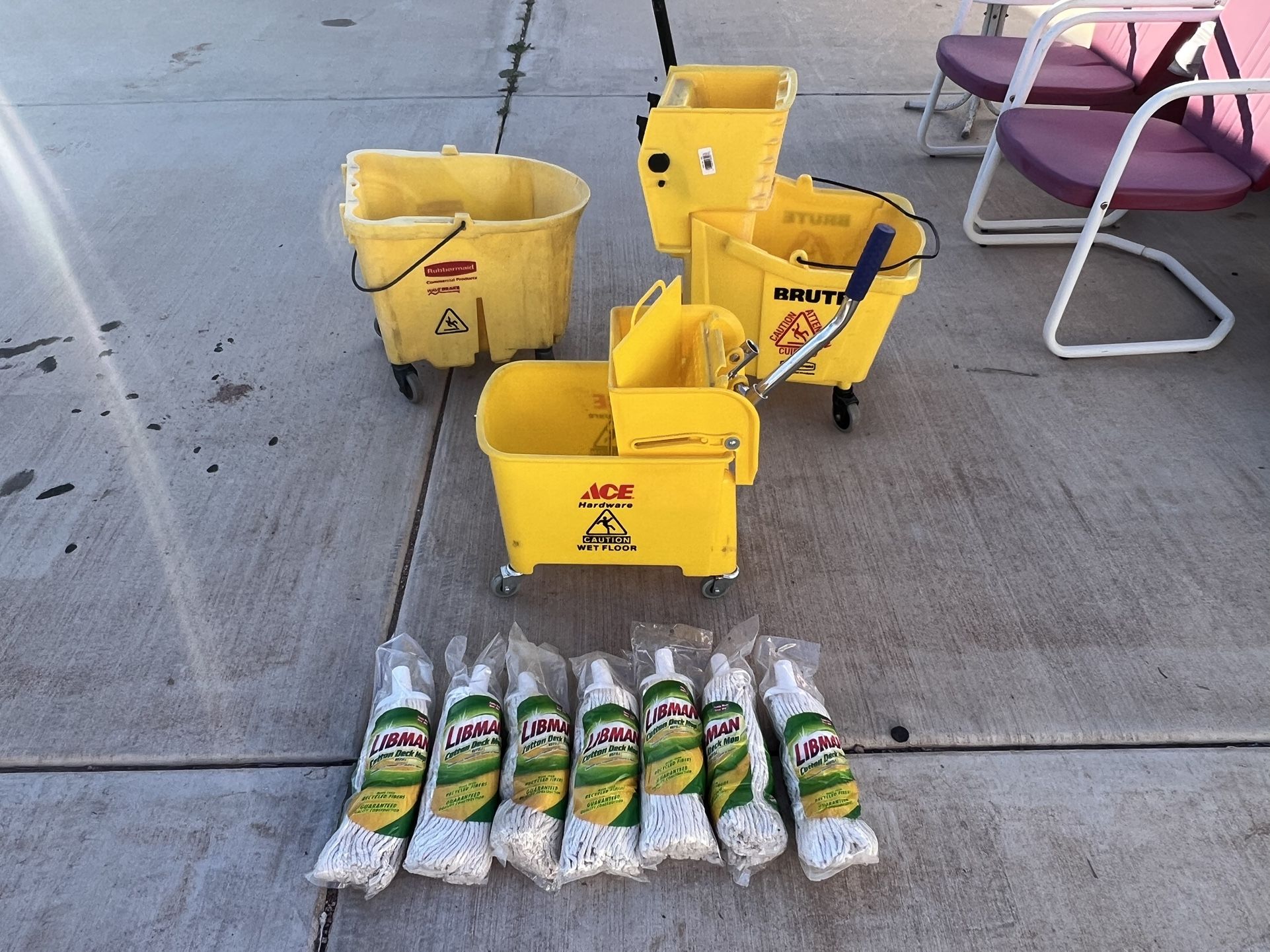 Three Mop Buckets Plus 7 Cotton Deck Mops