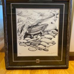 Trout with Fly - Black/Gray Framed & Matted Picture 