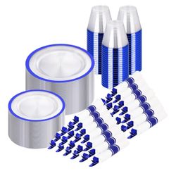 700 Piece Blue Plastic Dinnerware Set for Party, Clear Disposable Plates for 100 Guests, 
