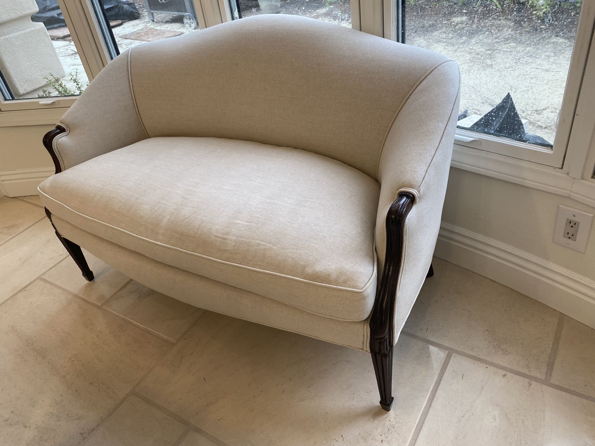 Antique French Settee/Sofa/Loveseat in Slubby Linen And 100% Down Cushion