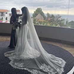 Size 4 Wedding Dress & Long Veil