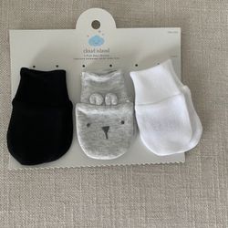 Cloud Island 3 Baby Mittens In Colors Black Light Gray And White With Some Images And Text