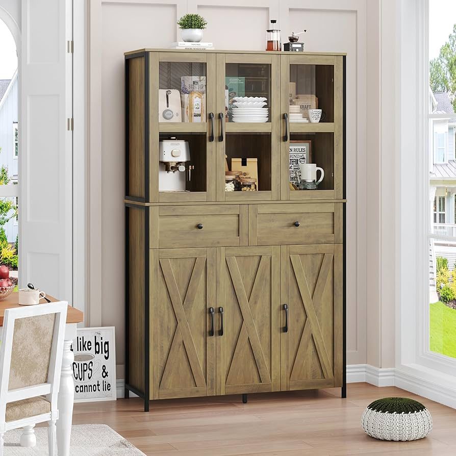 41.3" W Large Kitchen Pantry Cabinet, Pantry Storage Cabinet in Metal Frame, Bar Cabinet with Clear Glass Door, 2 Drawer & Adjustable Shelves, for Liv