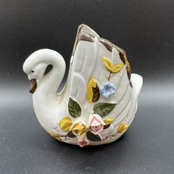 Vintage Porcelain Swan Planter Candy Dish Bowl Figurine Roses
