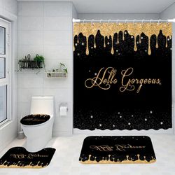 4pcs Golden Glitter Pattern Shower Curtain Set, Decorative Bathroom Set,