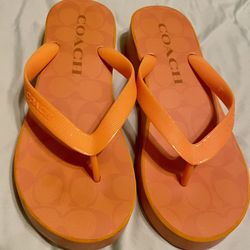 COACH  Size 8 Women’s Orange Flip Flops Wedge Sandals 