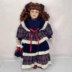 VTG 17” Porcelain Christmas Doll, Red Hair, Green Eyes