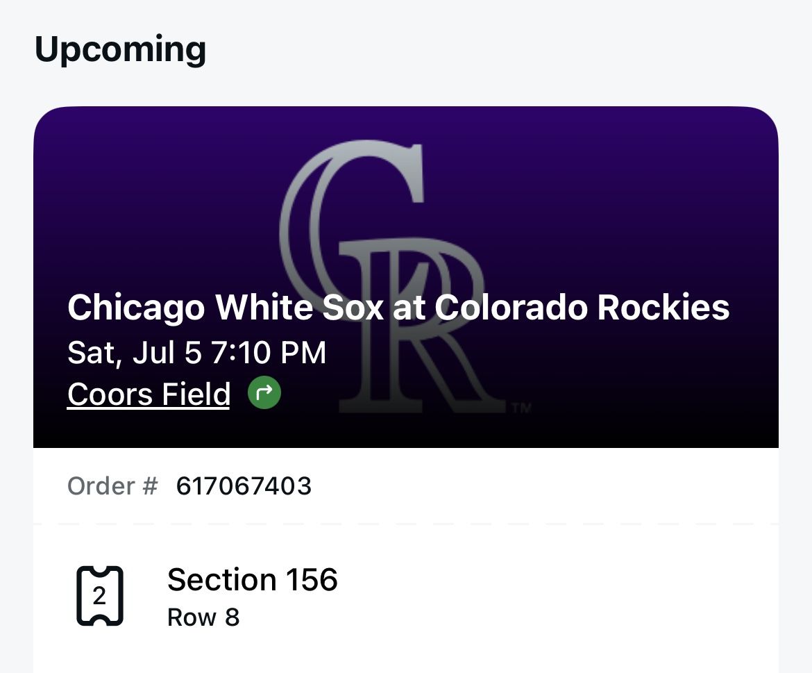 Rockies Vs White Sox Tickets - Section 156 Row 8 - Fireworks Field Seats