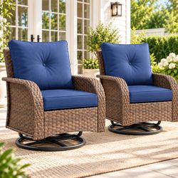 Set of 2 Outdoor Swivel Rocking Chairs – Dark Blue Wicker Patio Chairs