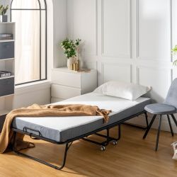 Karen 31“ Rollaway Folding Bed with 4.7“ Mattress, Portable Guest Bed on Wheels, Metal Frame, Space-Saving Foldable Cot, Single Size, Gray