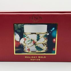 Lenox Holiday Gold Votive Holly Berry Candle Holder Frosted Glass