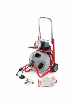 RIDGID K-400 Drain Cleaning Snake Auger 120-Volt Drum Machine with C-32IW 3/8 in. x 75 ft. Cable + 4-Piece Tool Set & Gl
