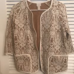 Chico's White & Tan Lace Sweater Blazer Jacket Open Front 3/4 Sleeve Size O=4=Small 