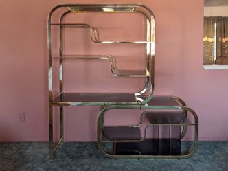Vintage Art Deco Modern Brass & Smoked Glass Adjustable Etagere, c1980s