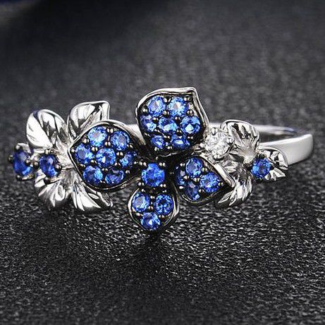 "Beautiful Royal Blue Flower Pure Zircon Silver Rings for Women, PD748
 