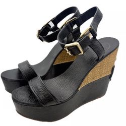 Tory Burch Carlee Wedge Platform Sandal Woven Rafia Size 7