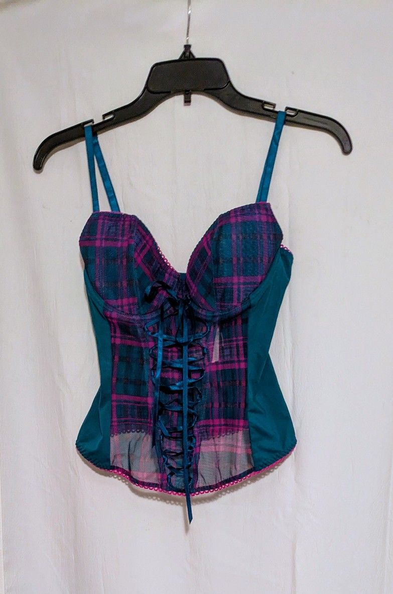 Frederick's Of Hollywood Corset Bustier Teal Plaid Top NWT Size 36