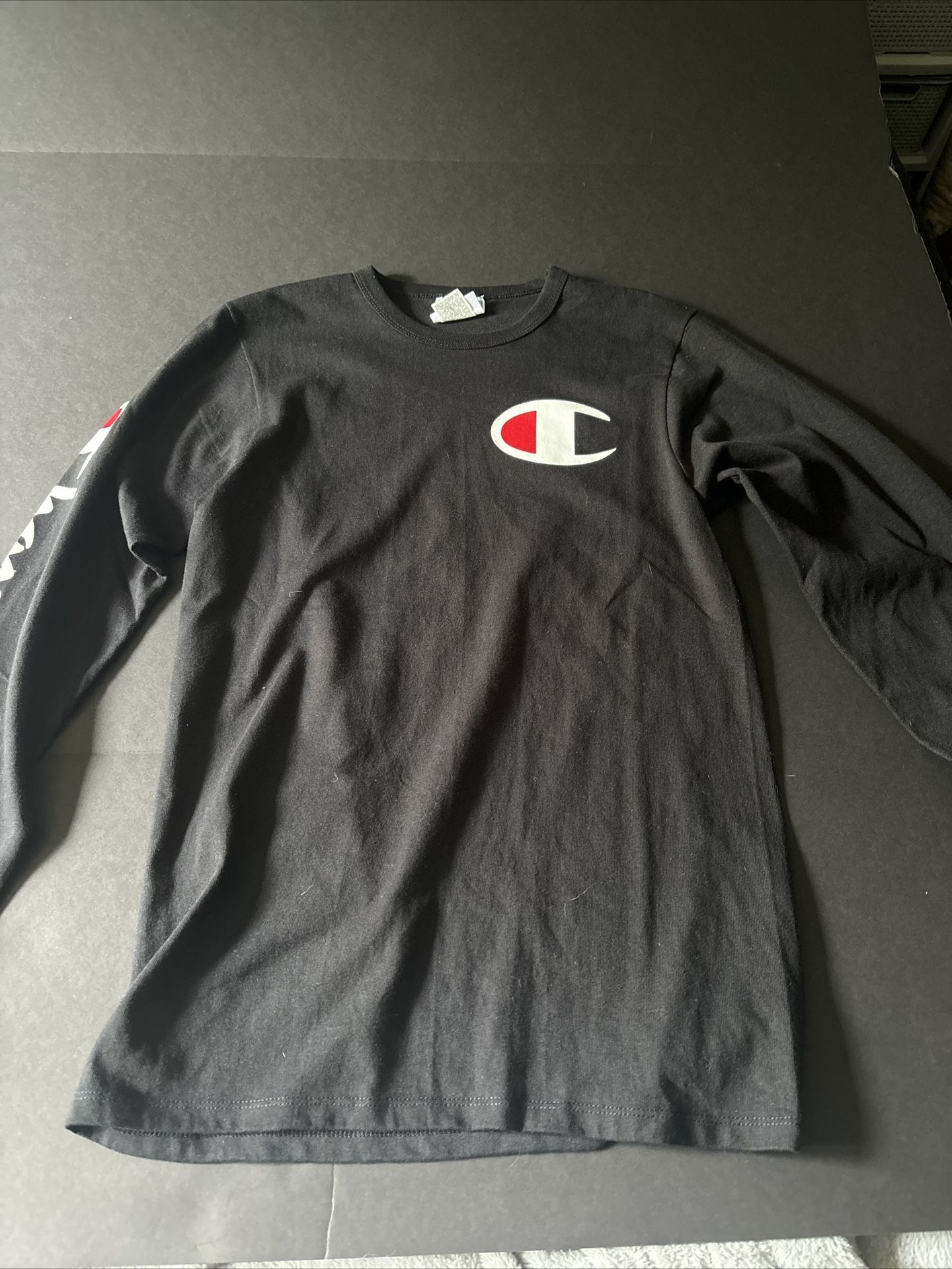 Champion Heritage T-Shirt Men's S Black Spellout Logo Long Sleeve Crew Pullover