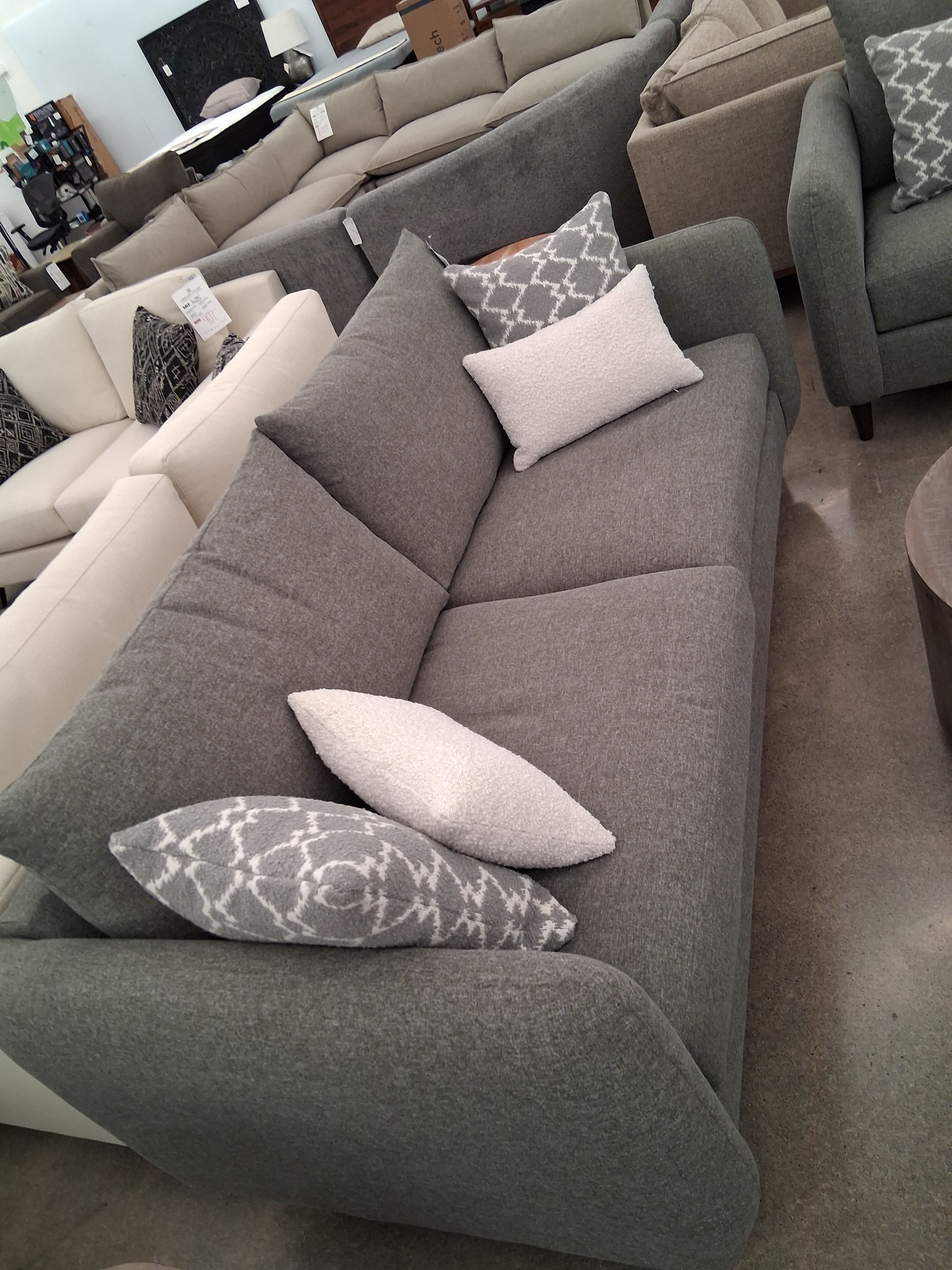 COMPLETELY RECYCLED SOFA AND LOVE IN A GORGEOUS GRAY FABRIC