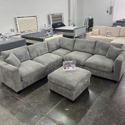 4-pc Sectional Sofa Couch With Ottoman Grey Corduroy Brand New