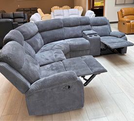 Soft gray microfiber fully reclining sectional couch