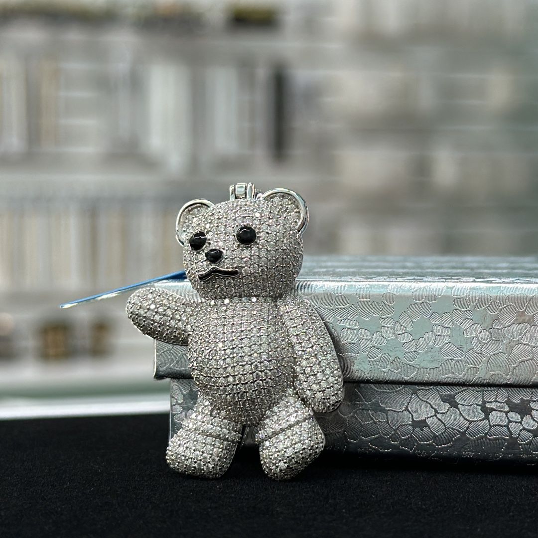 Sterling Silver Moissanite Teddy Bear Pendant 