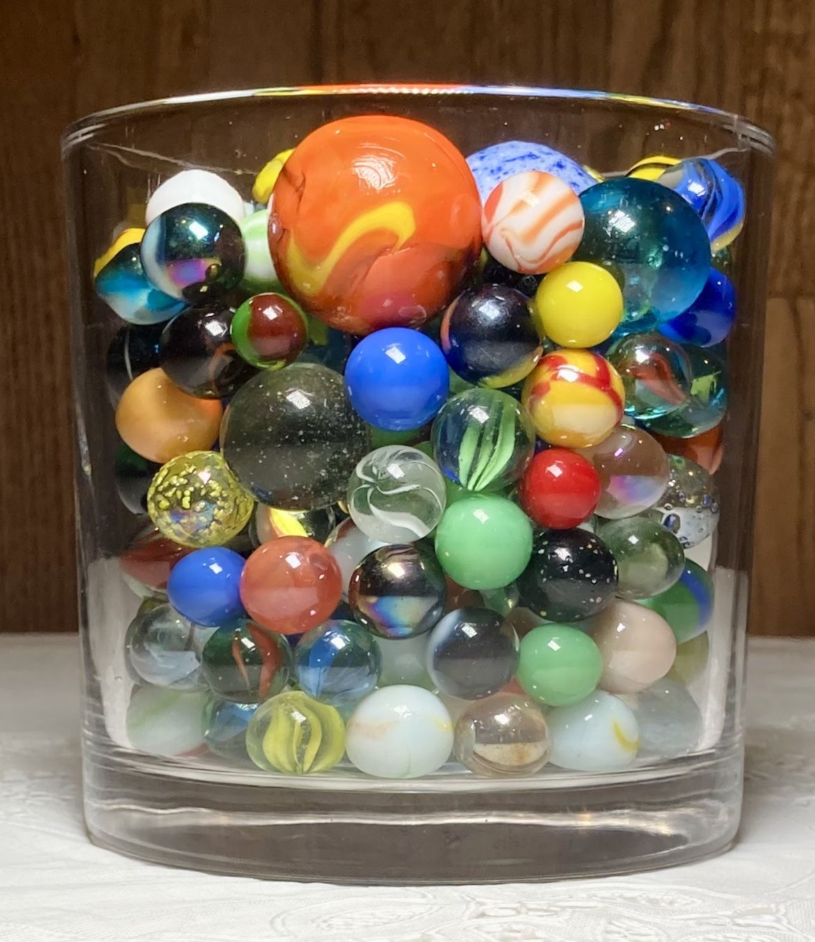 Vase Full Of 225 Marbles Beautiful, Colorful & Collectible For Play Or Display