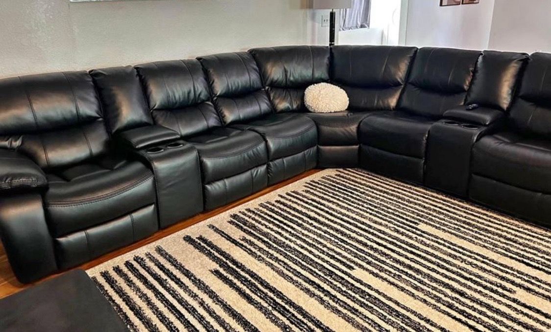 Memorial Day sale. Madrid black leather reclining sectional only $1399. Easy finance option. Same-day delivery.