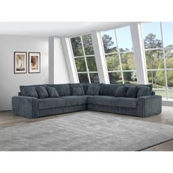 New Dark Grey Corduroy Fabric Sectional W 9 Accent Pillows.  129”x129”x36”H.  Free Delivery!
