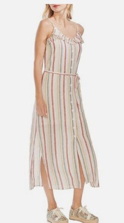 $139 Vince Camuto Women's Beige Linen Striped V-Neck Maxi Dress Size XS