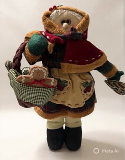 Christmas Mrs Claus Fabric Doll Gingerbread Basket Rustic Country Holiday Decor