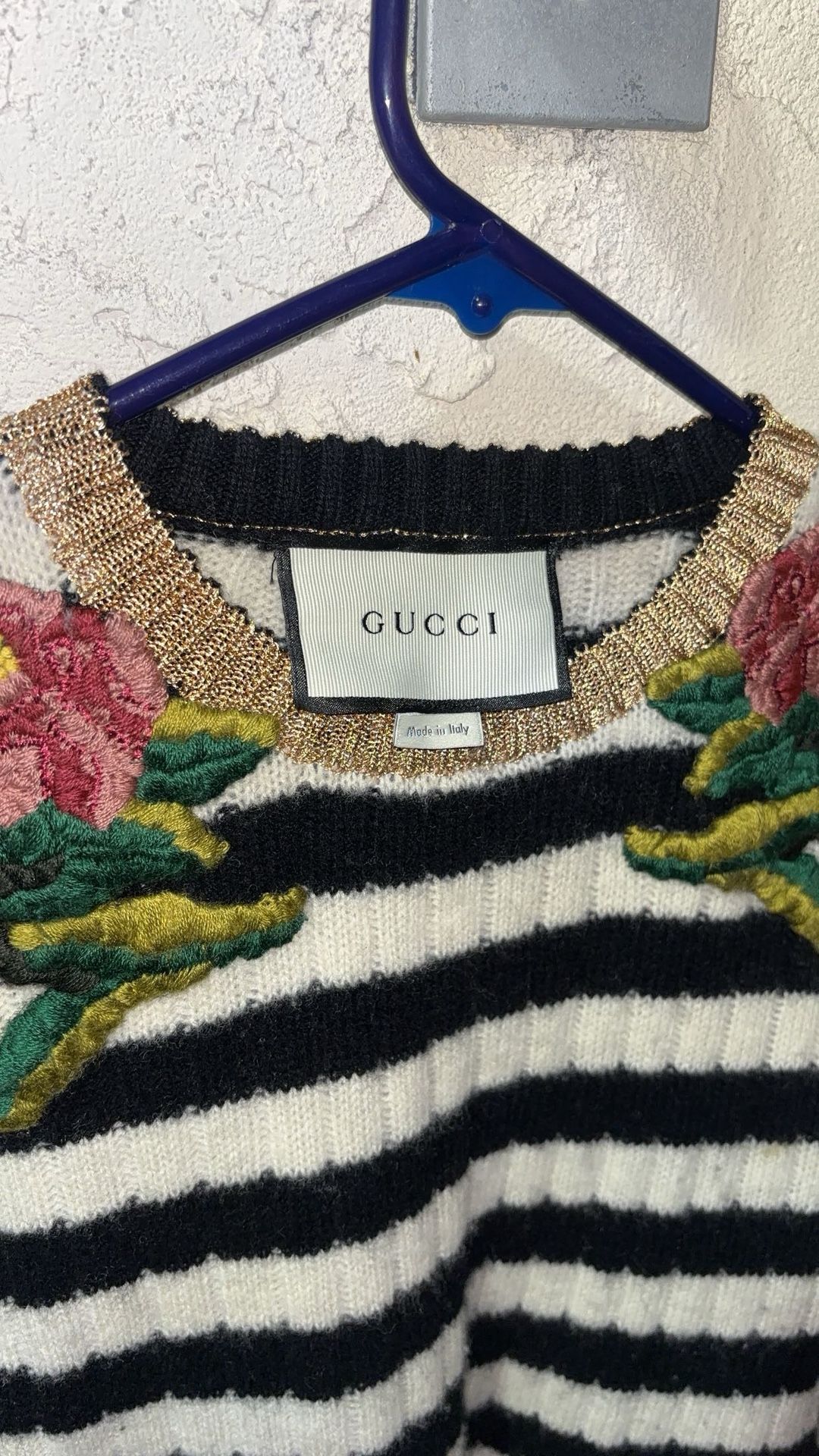 Authentic Gucci Striped Floral Cashmere Embroidered Sweater