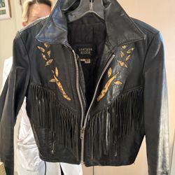 Black Leather Fringed Jacket Brand New Never Worn Size 10