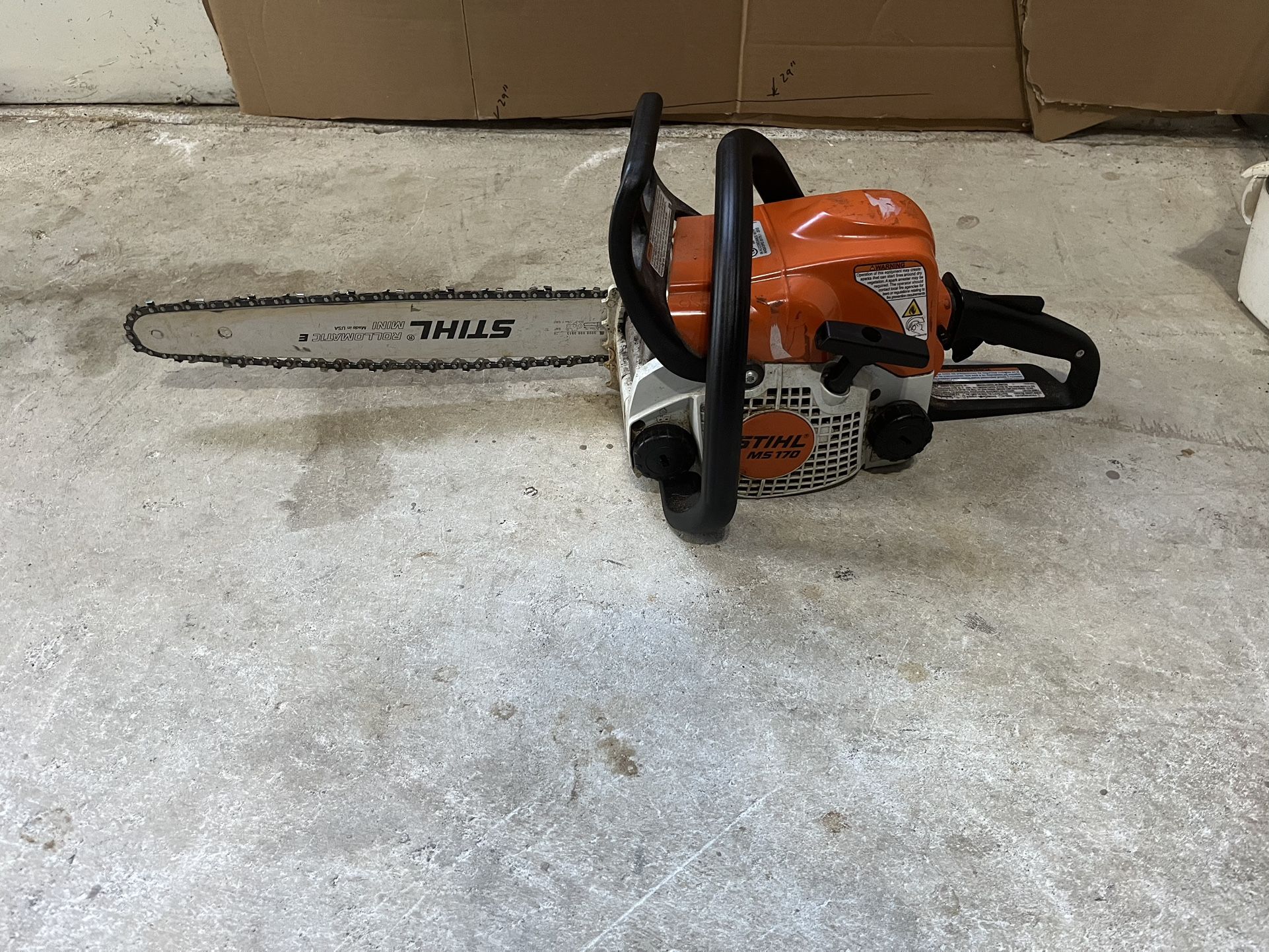 Used Stihl MS 170 chain saw with 16” bar.