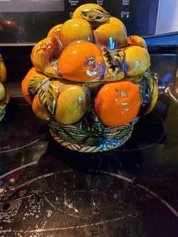 Mid century Inarco orange spice fruit basket cookie jar Thumbnail