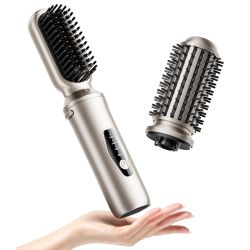 Cordless Hair Straightener Brush, 2 in 1 Curling & Straightening Brush with 200 Million Negative Ions, Mini Travel Hot Straightener Comb for Women, Fa