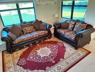 Rich brown chenille upholstery sofa set and included pillows