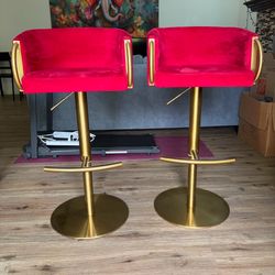Hot Pink Velvet Bar Stools with Gold Base (Set of 2)
