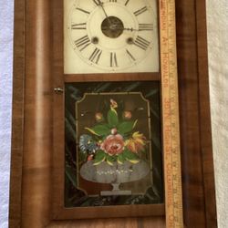 Antique OGEE Mantle Clock. Measures 26” X15.5”. Looks Walnut Wood? Key & Pendulum