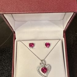 Ruby and White Sapphire Sterling Silver Heart Necklace And Earrings