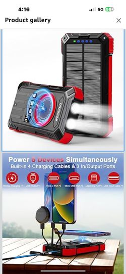 Solar Charger Power Bank - 49800mAh Solar Phone Charger with USB-C in/Output, QC 3.0 Fast Charging with LED Flashlight, Built-in 4 Cables, IP65 Waterp