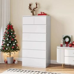 7 Drawer White Dresser, Modern Chest of Drawers Storage Cabinet for Bedroom Living Room