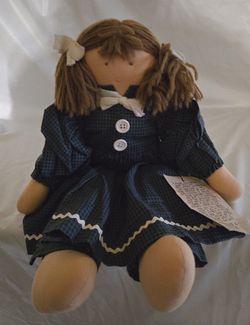 Vintage 1990 FOLK DOLLS & friends, Ltd. ~ PATTY Blue Gingham ~ WOOL Hair ~ Cloth + Rag Doll ~ Tag