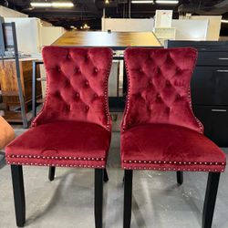  🔥Set of 2🔥Velvet Dining Chair ,Upholstered Tufted Dining Room Chair with Nailhead Trim and Solid Wood Leg for Kitchen (Wine Red)  💰110$