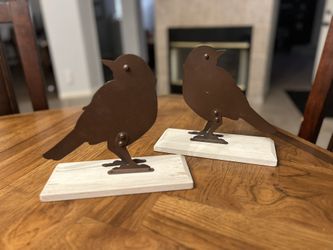 Pair of Peacock Park Design “Rusty” Metal Birds Sculptures on Wood Bases