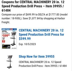 CENTRAL MACHINERY 20 in. 12 Speed Production Drill Press for $400