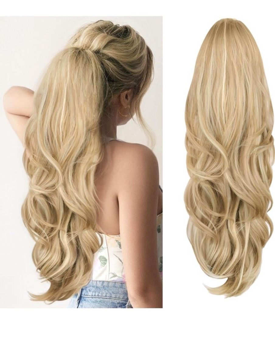 Blonde Ponytail Extension, Drawstring Ponytail Extension for Women 26 Inch Long Wavy Highlights Pony Tails Hair Extensions Synthetic Clip in Ponytail